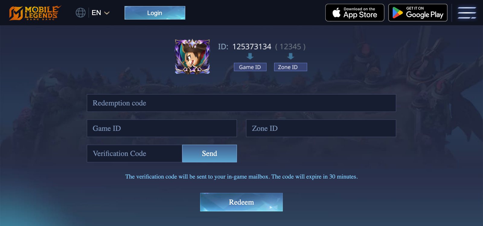 The official Mobile Legends Redeem page, with fields for redemption code, Game ID, Zone ID and verification code
